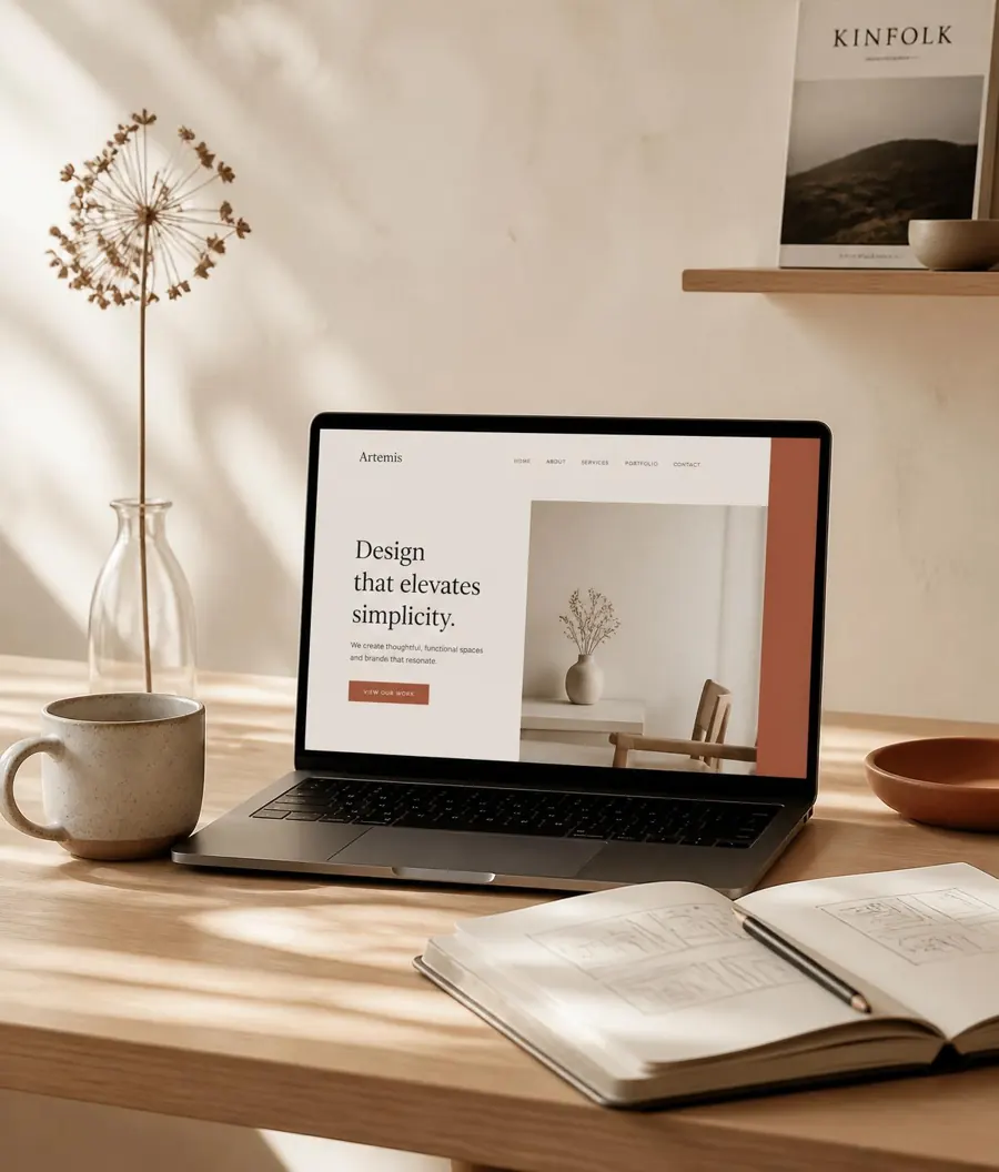 Designer workspace with a laptop showing an editorial website layout